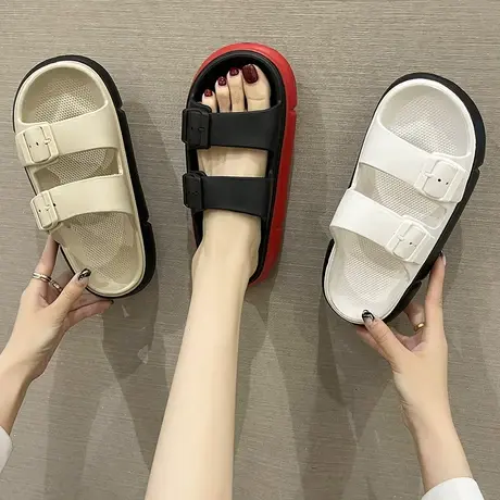 拖鞋女夏季ins潮简约时尚双带室内外穿踩屎感厚底防滑沙滩凉拖鞋图片