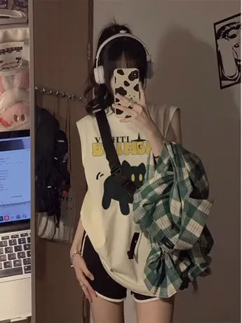 纯棉吊带运动坎肩背心无袖t恤女夏季外穿篮球服宽松港风挂脖上衣图片