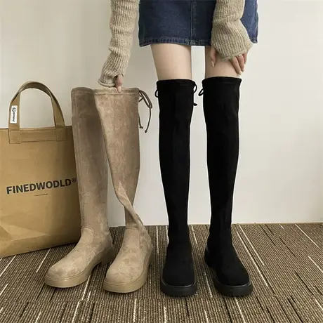 长筒靴女秋冬季粗跟高筒瘦瘦靴2023新款通勤直筒配裙子时装弹力靴图片