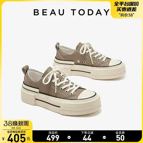 BeauToday厚底帆布鞋女高帮真皮小白鞋女春秋平底板鞋轻便休闲鞋商品大图