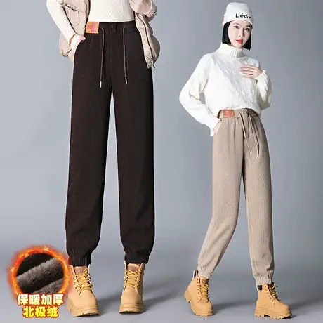 美拉德穿搭欧棉绒哈伦裤加绒加厚2023冬季新款高腰束脚直筒长裤子图片