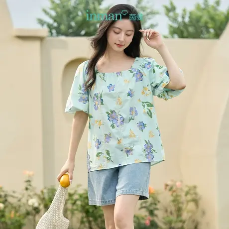 【商场同款】茵曼手绘涂鸦衬衣2023夏女装新款打揽花苞袖娃娃衫图片