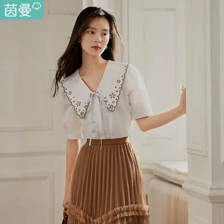 茵曼2023春女装新款甜美绣花复古改良翻领显瘦直筒泡泡袖衬衫衬衣图片