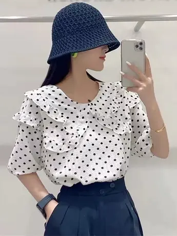 短袖波点娃娃领衬衫女2023夏季新款时尚百搭宽松显瘦薄款女装上衣商品大图