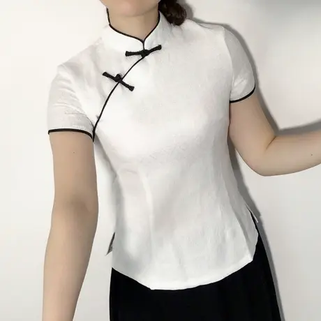 傲雪屋民国风复古盘扣夏短袖旗袍上衣 中式修身显瘦唐装女茶人服图片