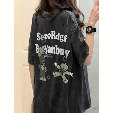 美式高街风黑色t恤女复古水洗短袖oversize大码ins潮纯棉做旧上衣图片