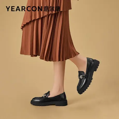意尔康女鞋2023春新款英伦风小皮鞋马衔扣厚底乐福鞋女一脚蹬单鞋商品大图