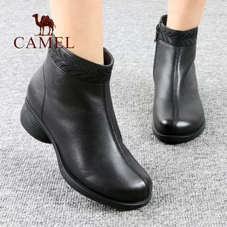 Camel/骆驼女鞋秋冬季款加绒真头层牛皮拉链粗中跟舒适休闲短靴子图片