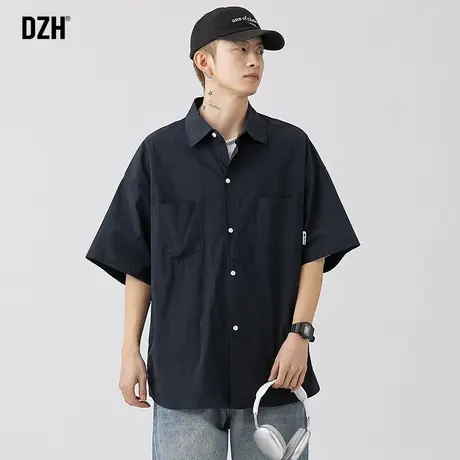 男士日系藏青色短袖衬衫男高级感休闲男装2023新款衬衣夏季寸衣男商品大图