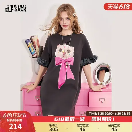 妖精的口袋蝴蝶结猫咪印花短袖连衣裙女2025春夏新款宽松休闲裙子图片