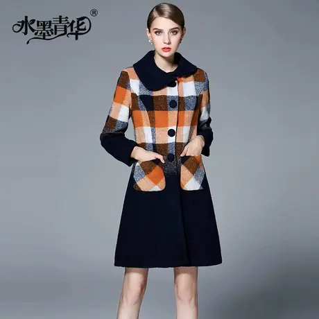 【1件7.9折】秋季新款时尚大气优雅中长款格子毛呢外套大衣图片