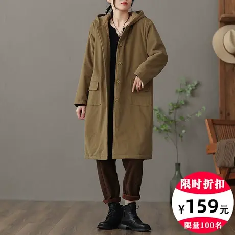 dza 复古中长款加厚加绒棉衣外套女士冬装宽松连帽棉袄休闲棉服女图片