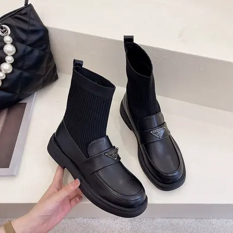 小短靴女瘦瘦袜子靴2022春秋新款学生显瘦连袜马丁针织弹力袜筒靴商品大图
