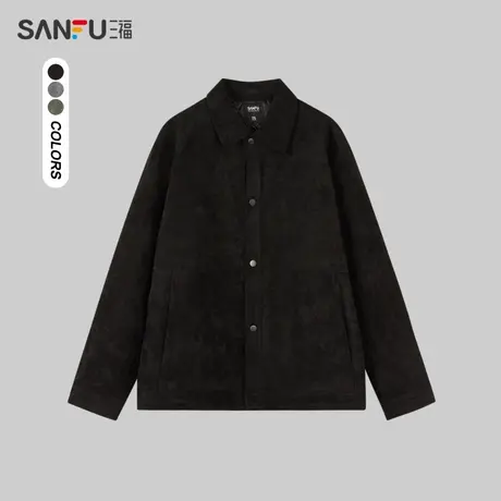 三福2023冬男士麂皮插袋短棉衣 时尚修身翻领保暖外套男473013图片