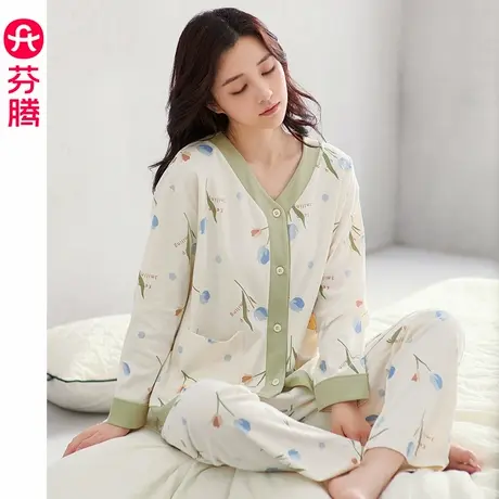 芬腾纯棉睡衣女士新款春秋长袖开衫套装秋季加大码休闲碎花家居服商品大图