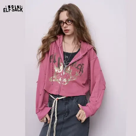 妖精的口袋美式草莓印花连帽卫衣外套女2025秋新款小个子薄款开衫商品大图