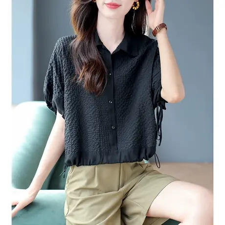 宝诗黎系带蝙蝠短袖宽松衬衫2023夏季新款肌理感纯色短款套头衬衣商品大图
