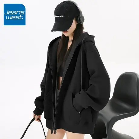 KV真维斯黑色外套女2025新款春秋季宽松休闲连帽卫衣拉链开衫上衣商品大图