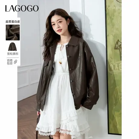 LAGOGO巴恩风琥珀流光PU外套女拉谷谷2025年秋季新款蛋白皮夹克商品大图