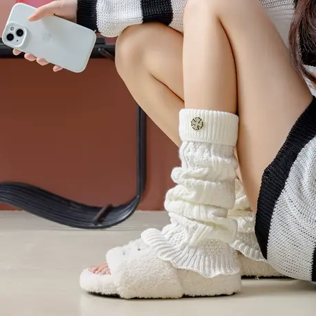 金属标装饰袜套女白色潮袜中筒袜jk灰色堆堆袜小腿套秋冬2025新款商品大图