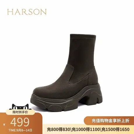 哈森厚底弹力靴女秋冬新款小个子显高瘦瘦时装靴袜靴HA241603商品大图