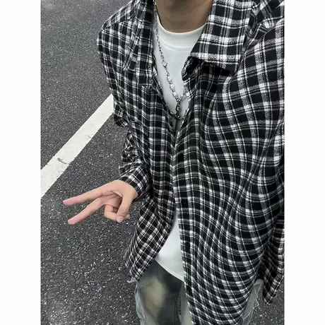 港风长袖格子衬衫男春秋季2025新款复古男生衬衣潮牌美式开衫内搭商品大图