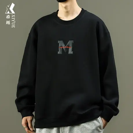 希越圆领皮质贴布卫衣男秋季宽松大码380g重磅休闲百搭内搭打底衫图片