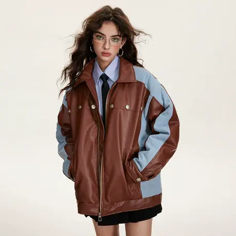 拼接PU皮棉服女加厚冬天外套2023年新款复古潮牌街头机车宽松棉衣商品大图