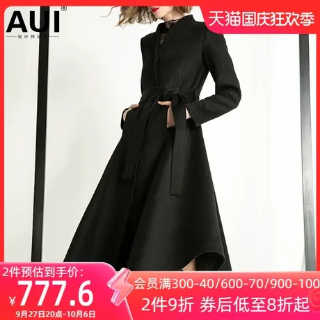 aui黑色长款过膝毛呢外套女2023秋冬新款不规则时尚气质呢子大衣图片