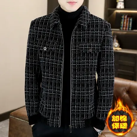 冬装高端貂绒夹克男士时尚翻领呢子茄克痞帅男装夹棉保暖格子外套商品大图