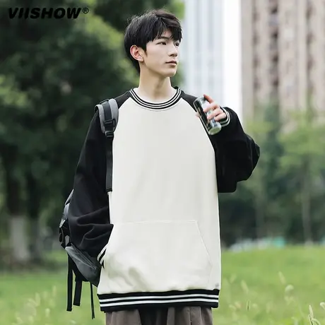 VIISHOW卫衣男春秋款280g重磅美式拼接男士圆领长袖无帽外套上衣商品大图