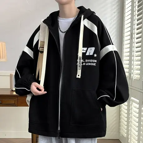 港风连帽夹克男潮牌春秋款青少年加棉加厚外套冬季开衫卫衣服套装图片