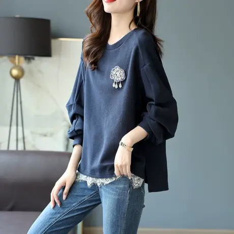 宝诗黎圆领蕾丝拼接宽松落肩卫衣2023秋新款长袖女装漂亮洋气上衣商品大图