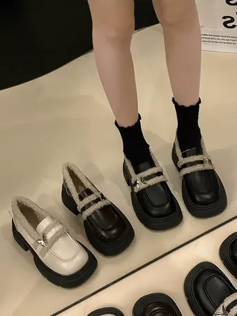 英伦风复古毛毛小皮鞋女2023秋季新款舒适百搭厚底加绒保暖乐福鞋图片