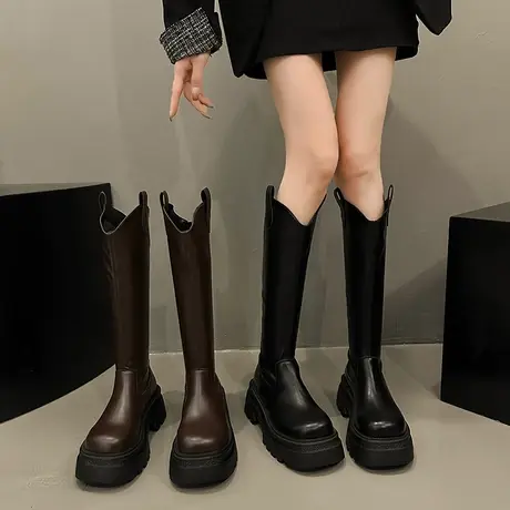 不过膝长筒靴女厚底高筒v口靴子2023年秋季新款法式高跟骑士长靴商品大图