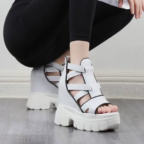 高帕妃坡跟涼鞋女2023新款真皮软底透气松糕高跟白色内增高罗马鞋商品大图