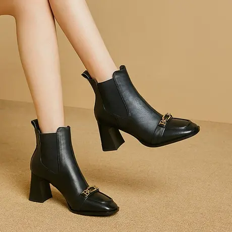 英伦风春秋新款短靴真皮方头女士皮靴气质粗跟高跟短靴靴轻便显瘦图片