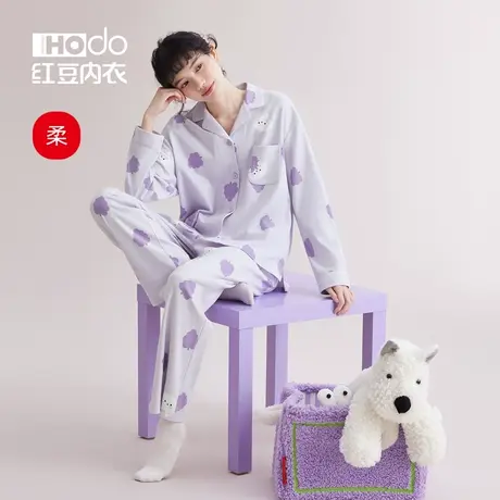 红豆女士纯棉睡衣春秋款长袖长裤居家印花休闲可外穿家居服套装女商品大图
