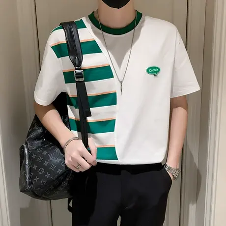 夏季t恤拼色拼接条纹短袖修身半袖潮流休闲学生ins原宿半截袖体恤商品大图