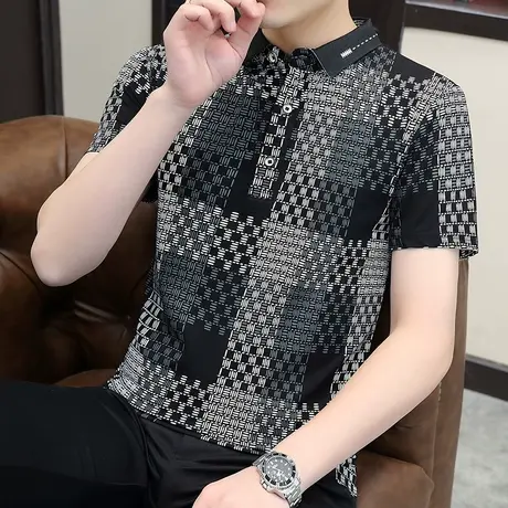 夏季短袖t恤男潮牌翻领polo衫男士纯棉冰丝薄款体恤上衣服打底衫商品大图