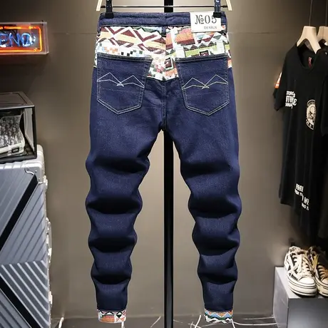 夏季薄款日系复古潮牌刺绣牛仔裤男修身小脚男士百搭休闲长裤子男商品大图