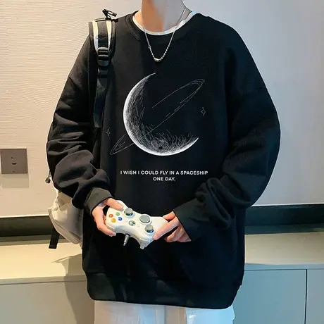 长袖T恤男春秋季圆领潮流黑色上衣服打底衫宽松印花套头男士卫衣商品大图