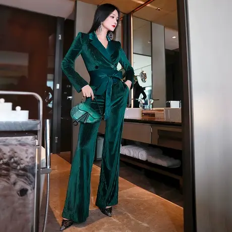 VJE秋季西装领条纹连体裤女新款潮时尚修身收腰连身阔腿裤图片