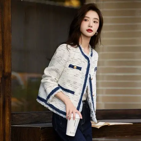 时尚气质外套2023年秋季新款女士圆领百搭撞色通勤短款小香风上衣图片