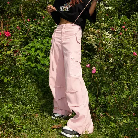 YEP粉色美式复古工装裤春秋女2025新款宽松直筒休闲裤纯色拖地裤商品大图