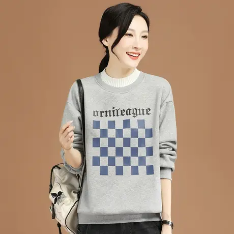 韩潮袭人圆领长袖印花加绒卫衣女2023年冬季新款休闲宽松显瘦上衣商品大图