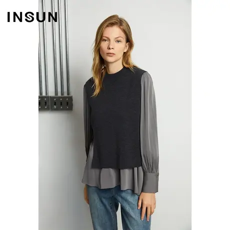 INSUN恩裳冬季百搭拼接直筒假两件毛针织衫商品大图
