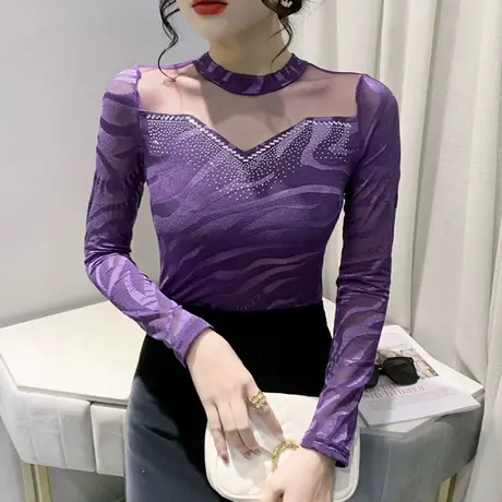 性感网纱上衣女秋冬2024新款内搭紧身打底衫长袖重工烫钻气质T恤图片