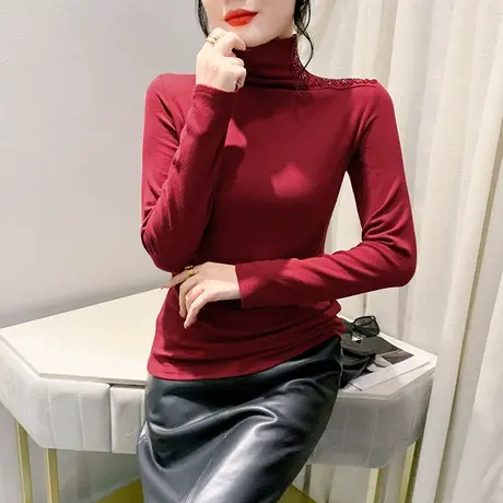 秋冬新款高领T恤女长袖气质减龄烫钻拼接上衣洋气修身个性打底衫商品大图