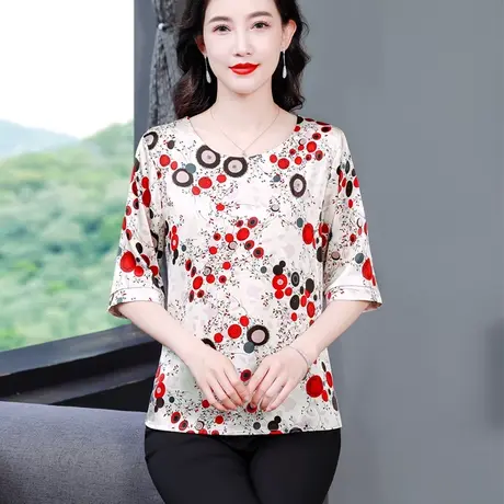 夏季女士印花雪纺衫女2023年新款中袖时尚洋气妈妈装宽松遮肚小衫商品大图